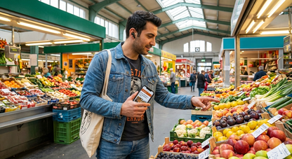 Indoor view of Kleinmarkthalle market in Frankfurt with stalls and shoppers, part of Uvamai Niche Tourism's self-guided audio tour.