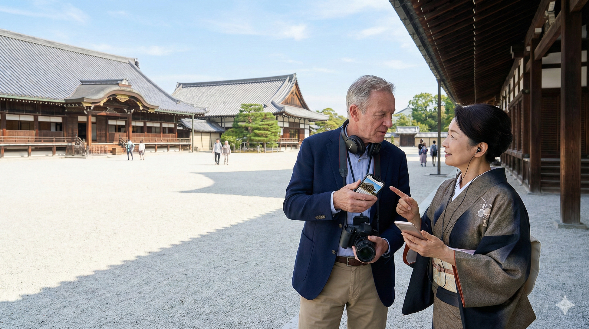 Audio guide device for Kyoto Imperial Palace self-guided tour by Uvamai Niche Tourism, showing headphones and tour interface.