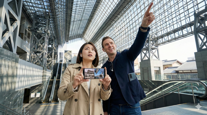 Self-guided audio tour map featuring Kyoto station building by Uvamai Niche Tourism with detailed station architecture.