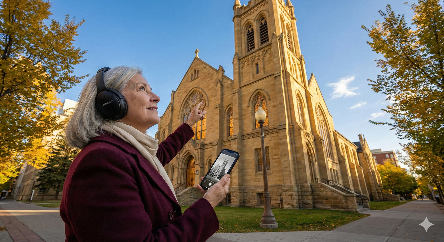 Knox United Church in Calgary featured on Uvamai Niche Tourism's self-guided audio tour, showcasing historic architecture.