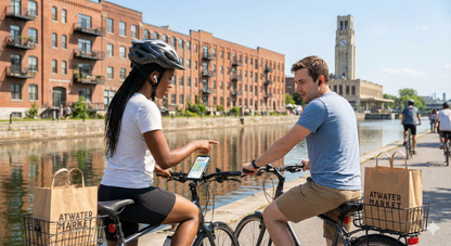 Audio guide for Montreal self-guided tour by Uvamai Niche Tourism, showing Lachine Canal at Atwater Market section.