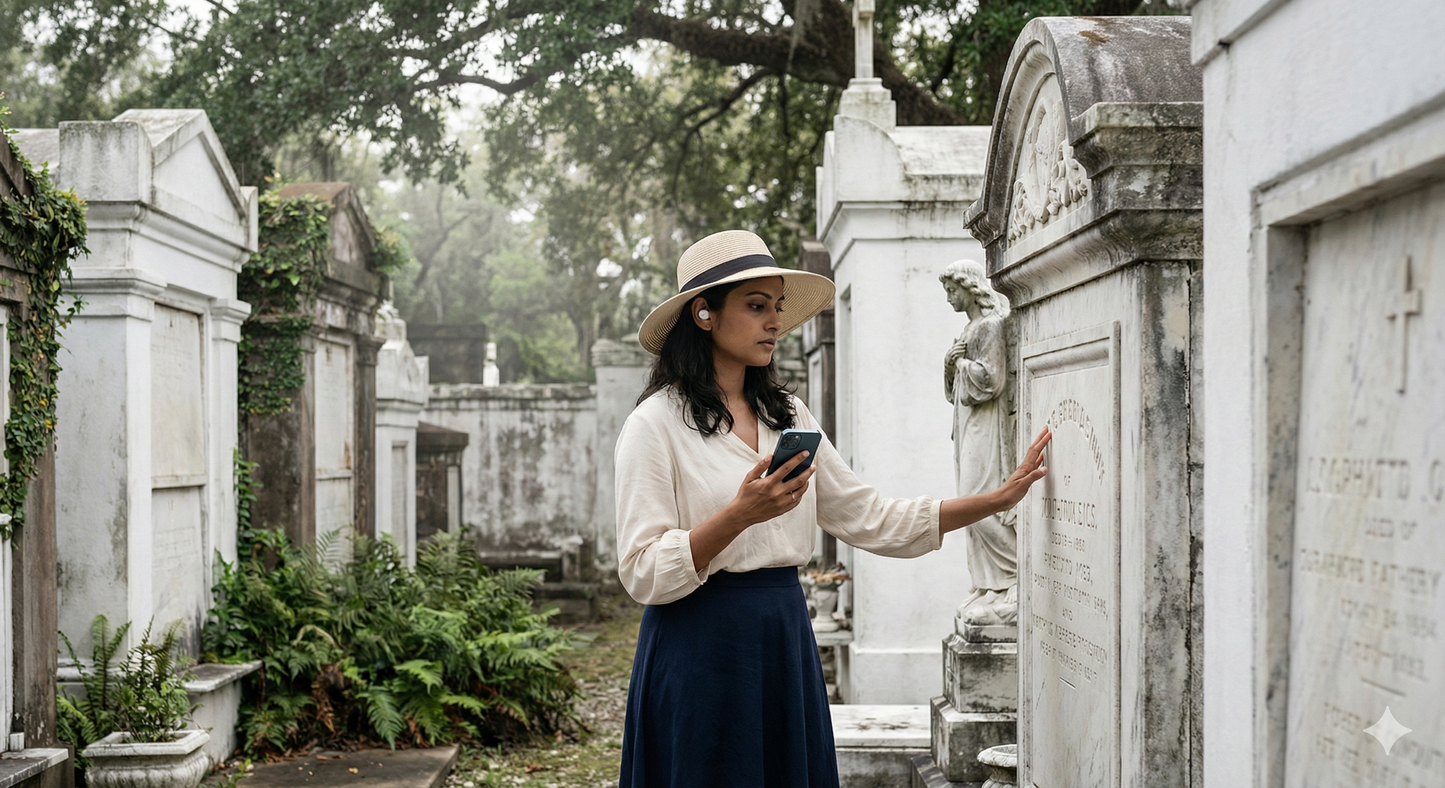 Lafayette Cemetery No. 1 in New Orleans, part of Uvamai Niche Tourism's self-guided audio tour, featuring historic tombs and lush greenery.