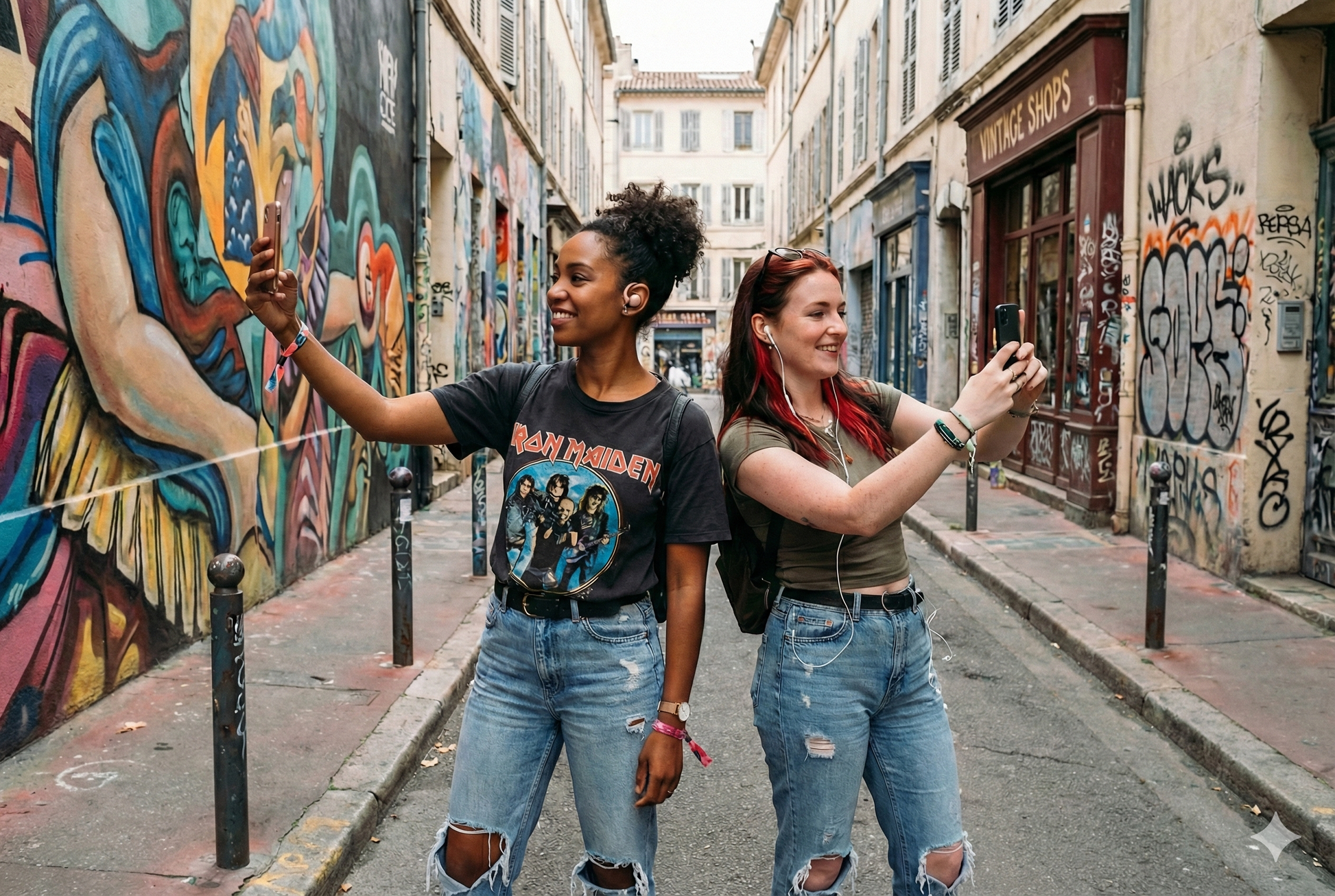 Self-guided audio tour of Marseille by Uvamai Niche Tourism, showing a scenic street view with historic buildings and vibrant city life.