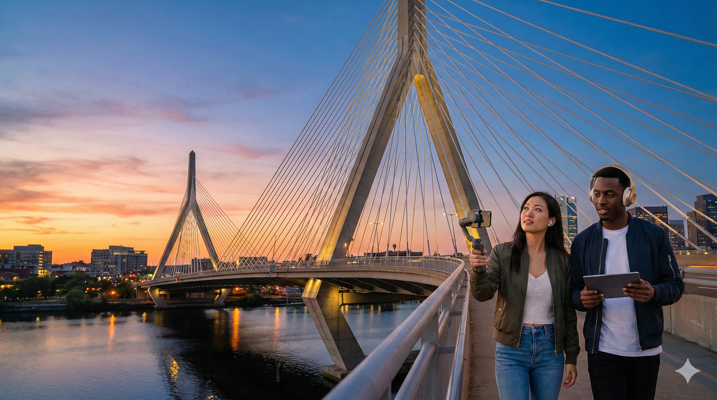 Self-guided audio tour of Boston's landmarks, featuring Zakim Bunker Hill Bridge, by Uvamai Niche Tourism.