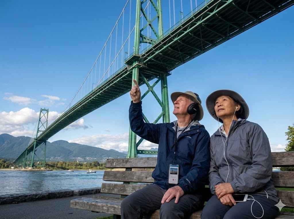 Vancouver Lions Gate Bridge suspension bridge with scenic view, part of Uvamai Niche Tourism's self-guided audio tour.