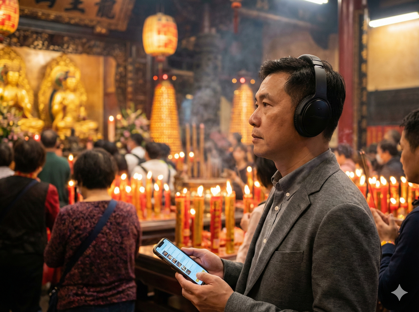 Evening view of Longshan Temple in Taipei during a self-guided audio tour by Uvamai Niche Tourism, with traditional architecture and lanterns.