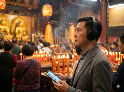 Evening view of Longshan Temple in Taipei during a self-guided audio tour by Uvamai Niche Tourism, with traditional architecture and lanterns.