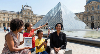 Audio guide device for the Louvre Museum from Uvamai Niche Tourism, featuring a compact design for self-guided museum tours.