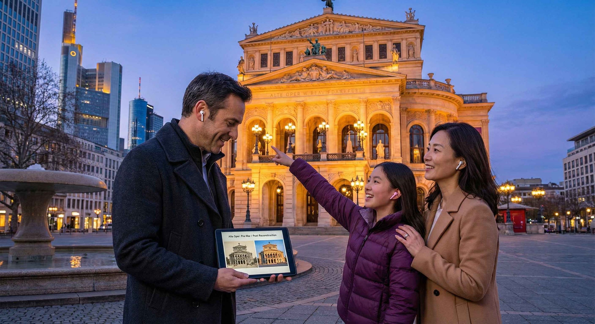 Self-guided audio tour of Frankfurt's historic Old Opera House by Uvamai Niche Tourism, featuring exterior view of the building.