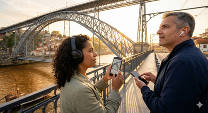 Self-guided audio tour of Porto by Uvamai Niche Tourism, featuring iconic Luis I Bridge with scenic views and city landmarks.