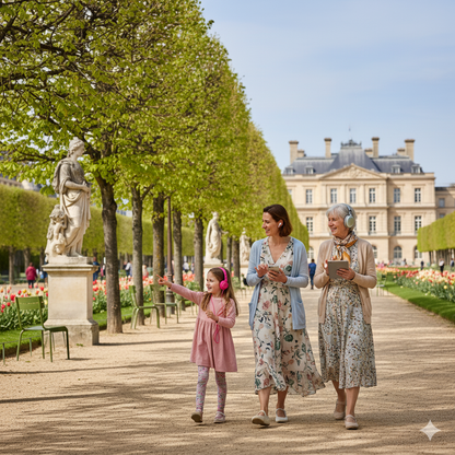Luxembourg Gardens in Paris with Uvamai Niche Tourism self-guided audio tour, showcasing lush greenery and scenic pathways.