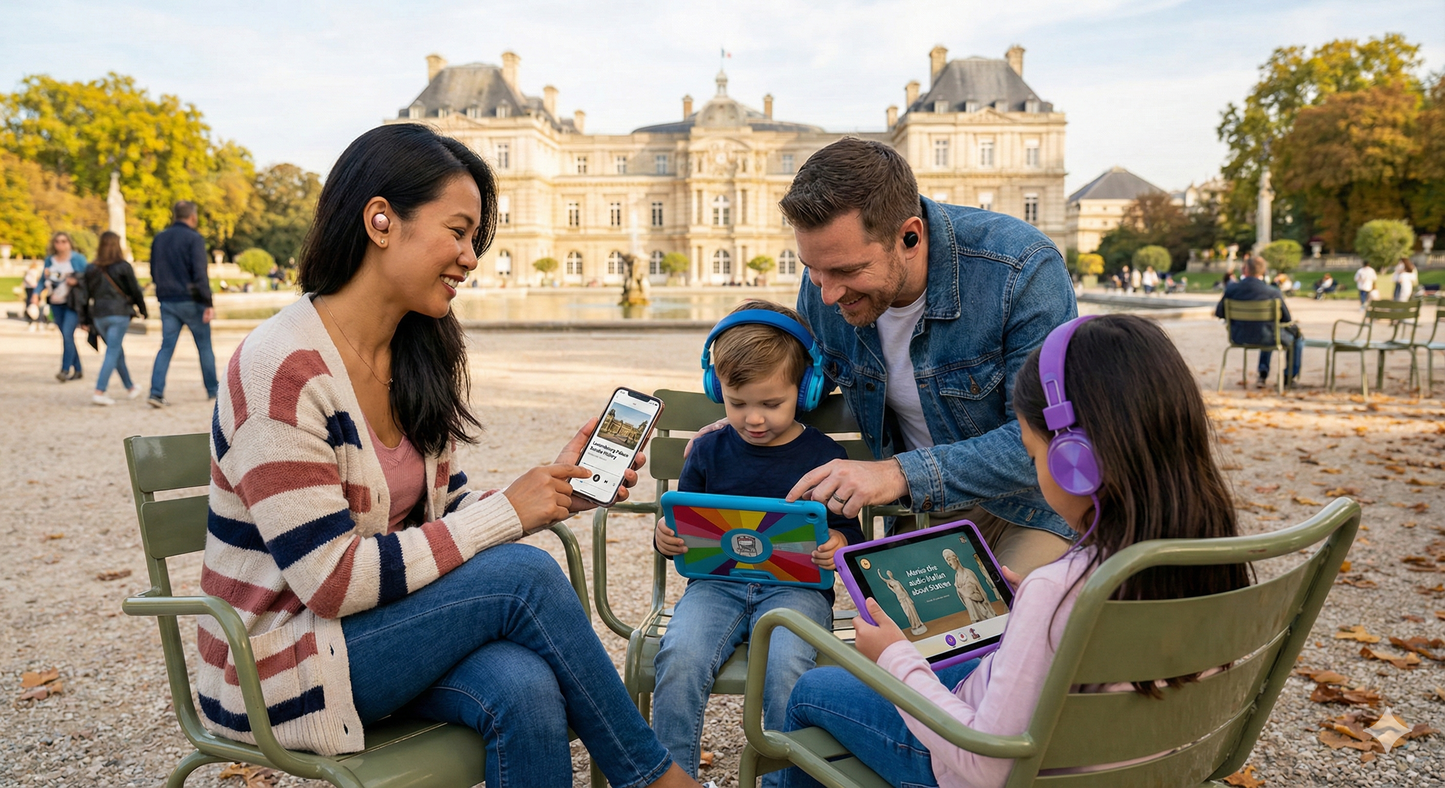 Audio tour guide device showcasing Luxembourg Gardens in Paris for the Uvamai Niche Tourism self-guided audio tour.