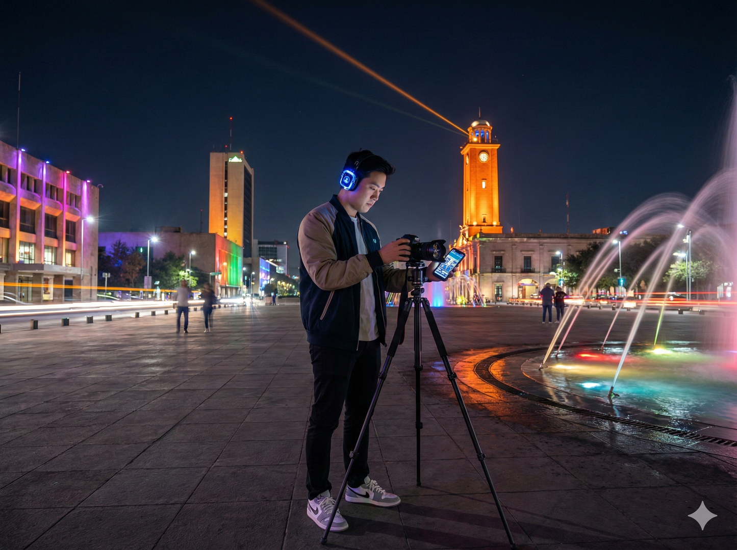 Night view of Macroplaza illuminated, featuring the Uvamai Niche Tourism Monterrey Self-Guided Audio Tour logo on a vibrant city scene.
