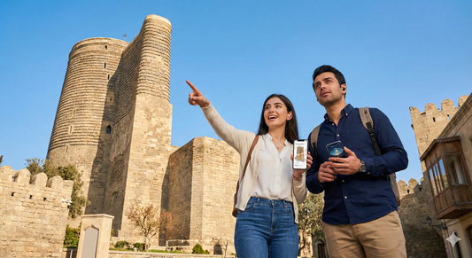 Audio guide device for Baku Qiz Qala Fortress, part of Uvamai Niche Tourism's self-guided Baku tour experience.
