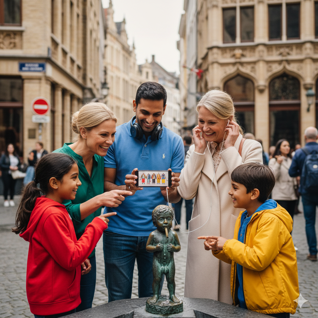 Manneken Pis statue with a man listening to a self-guided audio tour by Uvamai Niche Tourism in Brussels.