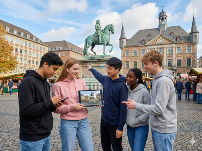 Audio tour device for Düsseldorf self-guided audio tour by Uvamai Niche Tourism, showing headphones and tour interface screen