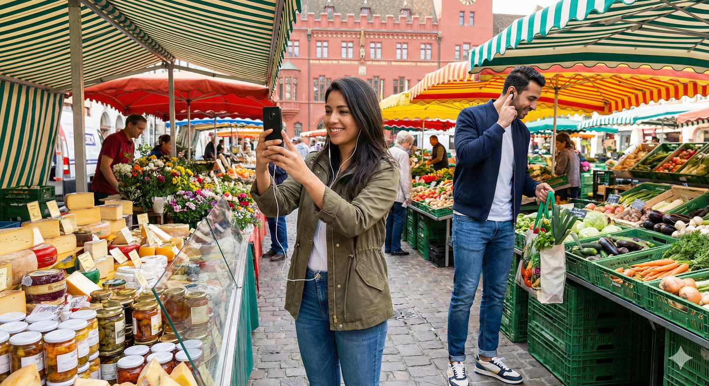 Self-guided audio tour guide by Uvamai Niche Tourism featuring market square scenery and historic landmarks.