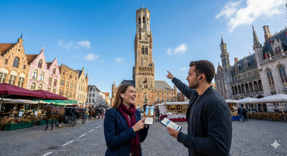 Audio guide device for the Bruges self-guided tour featuring Belfry Tower and Market Square, by Uvamai Niche Tourism.