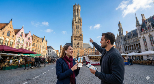 Audio guide device for the Bruges self-guided tour featuring Belfry Tower and Market Square, by Uvamai Niche Tourism.