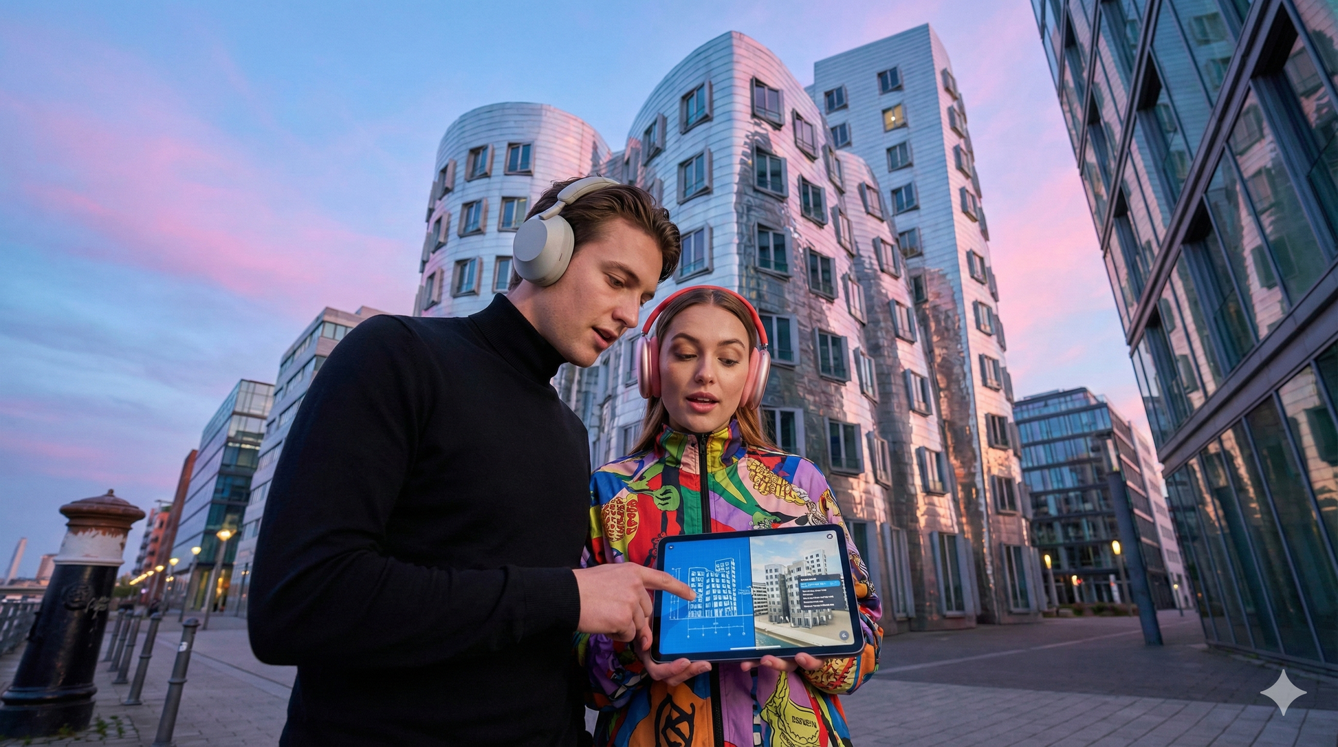 Self-guided audio tour of MedienHafen Media Harbor in Düsseldorf, by Uvamai Niche Tourism.