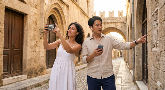 Self-guided audio tour of Medieval City of Rhodes by Uvamai Niche Tourism, featuring historic city streets and landmarks.