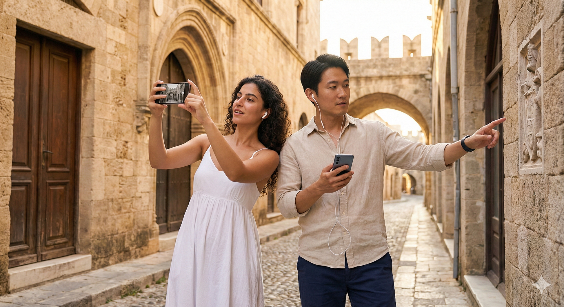 Self-guided audio tour of Medieval City of Rhodes by Uvamai Niche Tourism, featuring historic city streets and landmarks.