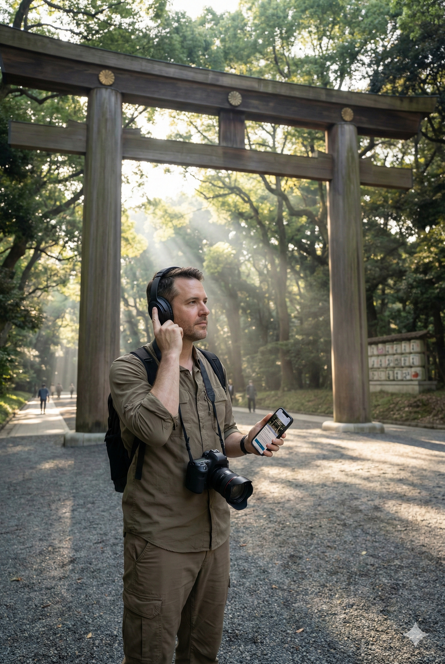 Self-guided audio tour of Meiji Jingu Shrine by Uvamai Niche Tourism, featuring a scenic view of the shrine and surrounding nature.