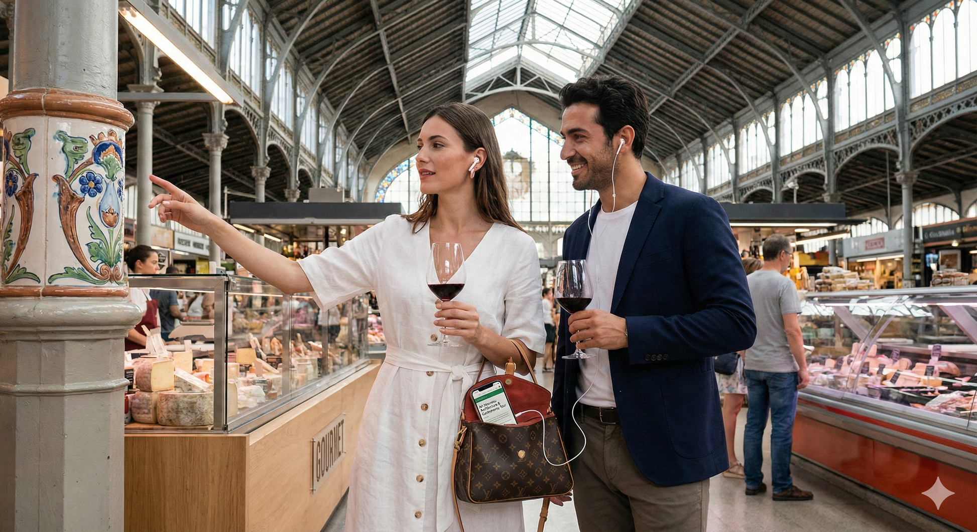 Self-guided audio tour of Mercado Colón market in Valencia by Uvamai Niche Tourism, featuring vibrant marketplace scenes and architecture.