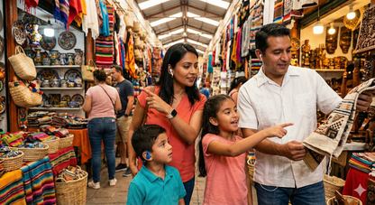 Self-guided audio tour of San Miguel de Allende with Uvamai Niche Tourism, featuring local artisan market scenes.