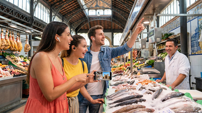 Self-guided audio tour map of Mercado de Triana, featuring Uvamai Niche Tourism branding and detailed market visuals.