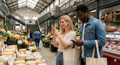 Self-guided audio tour for Porto by Uvamai Niche Tourism, featuring a colorful map of Mercado do Bolhão market.