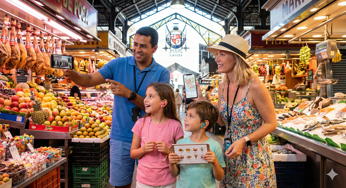 Self-guided audio tour of La Boqueria Market in Barcelona by Uvamai Niche Tourism, showing vibrant market stalls and fresh produce.
