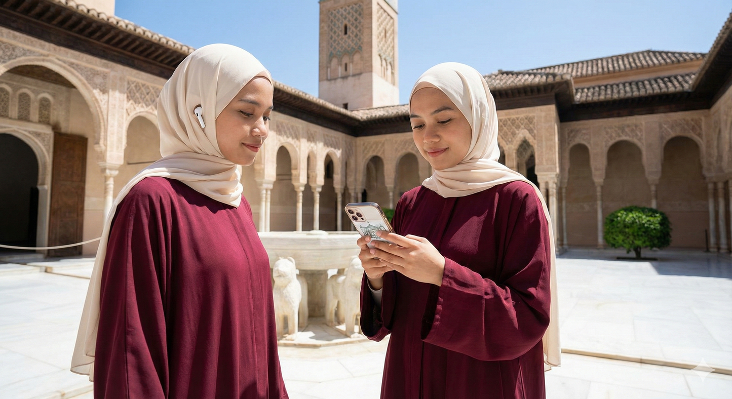 Self-guided audio tour of Granada's Mezquita Mayor, featuring Uvamai Niche Tourism branding and historical architecture.