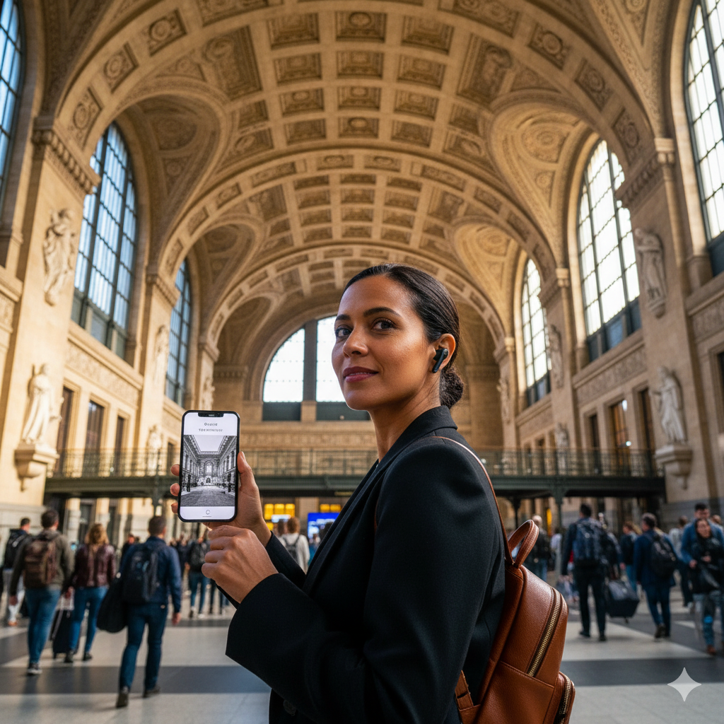 Audio tour device for Milan's central attractions by Uvamai Niche Tourism, showing headphones and tour interface on screen.
