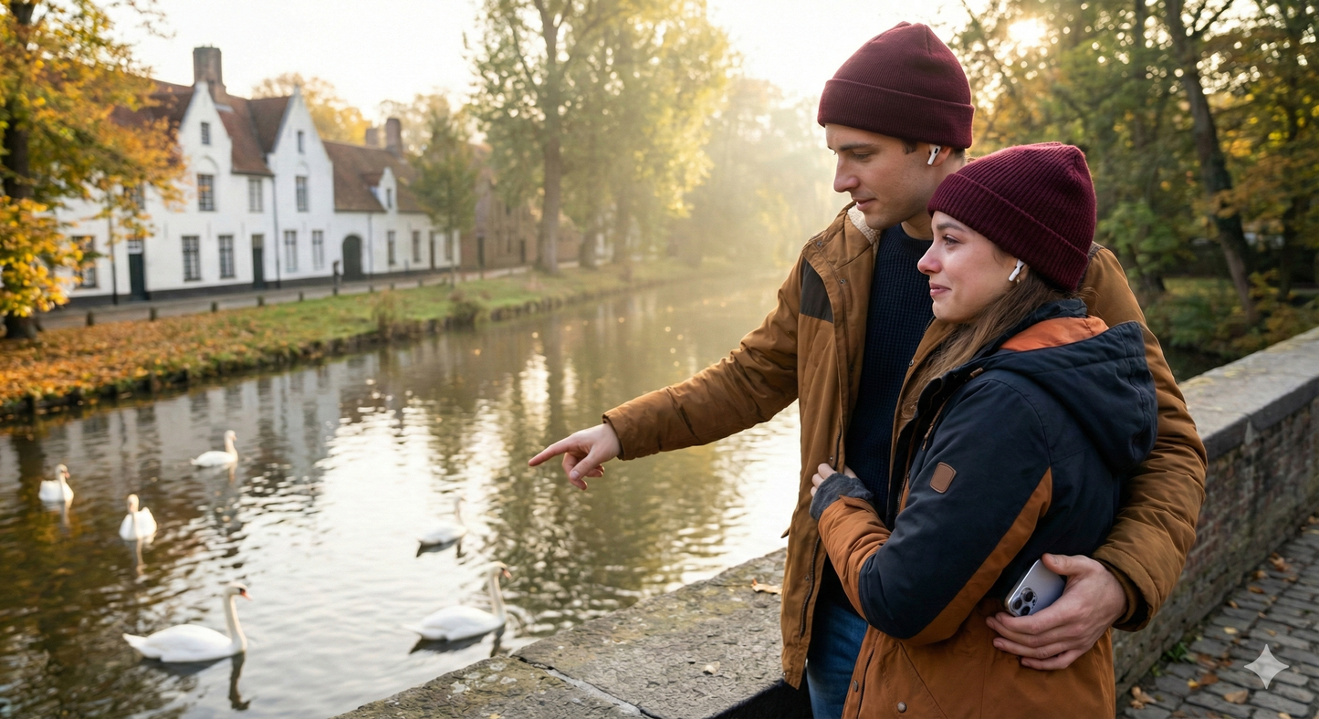 Audio guide device for the Bruges Self-Guided Audio Tour by Uvamai, showing a scenic view of Minnewater Lake in Bruges.