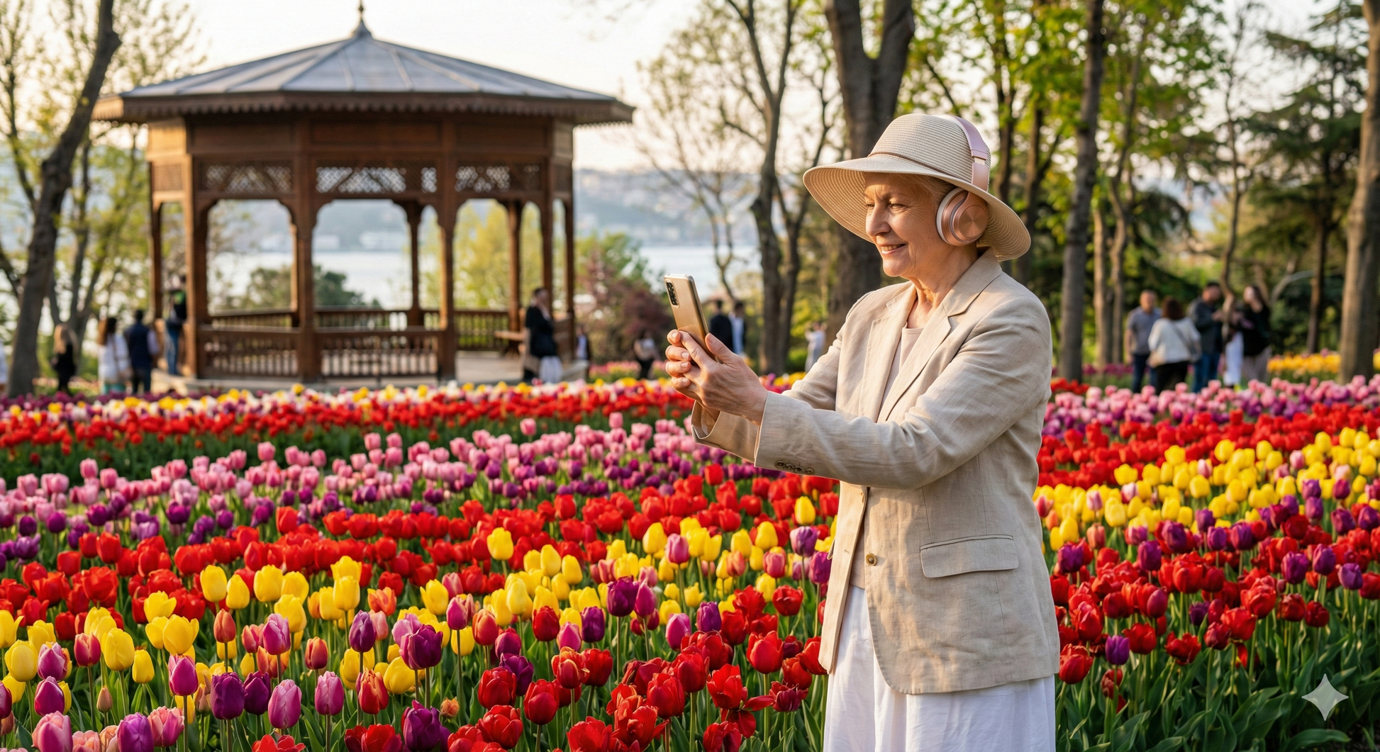 Audio tour device showing Istanbul Tulip Festival at Mirgan Park, part of Uvamai Niche Tourism's self-guided Istanbul tour.
