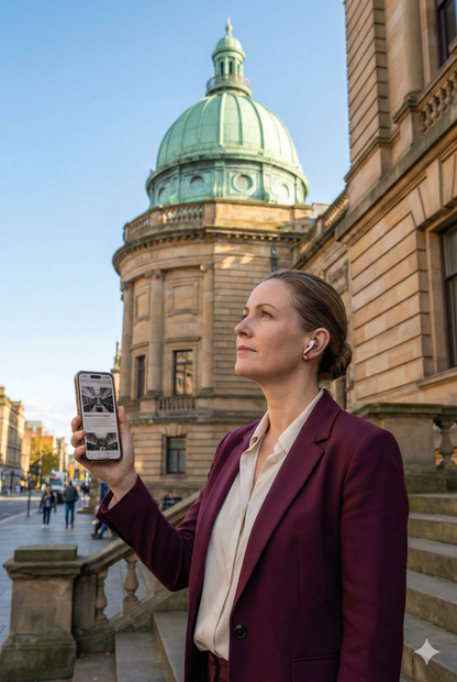 Audio tour guide for Mitchell Library in Glasgow, produced by Uvamai Niche Tourism, shown on a mobile device screen.
