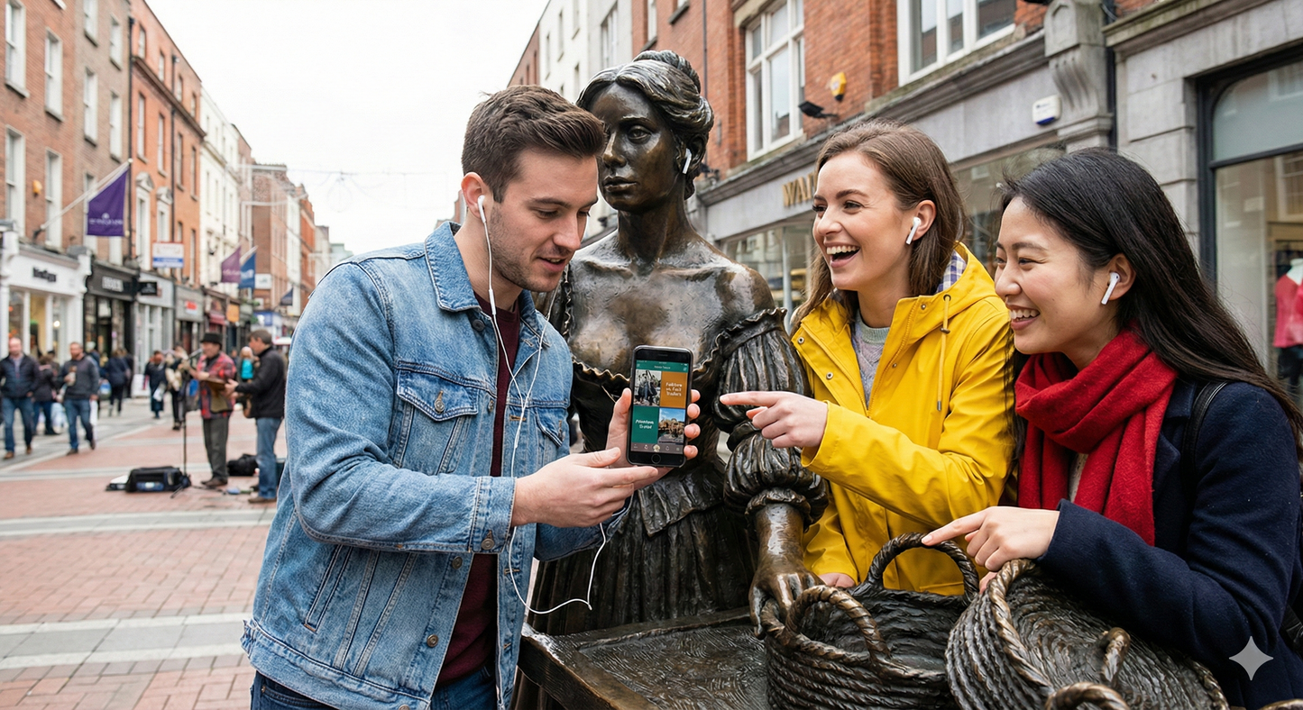 Audio tour device featuring Molly Malone statue in Dublin, part of Uvamai Niche Tourism's self-guided Dublin audio tour.