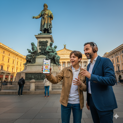 Self-guided audio tour of Milan featuring Leonardo da Vinci monument, with an image of the Leonardo da Vinci statue.