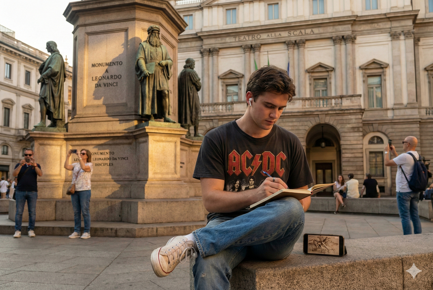 Self-guided audio tour of Leonardo da Vinci monument in Milan by Uvamai Niche Tourism, featuring a statue of Leonardo.
