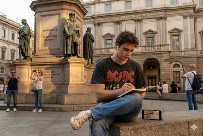 Self-guided audio tour of Leonardo da Vinci monument in Milan by Uvamai Niche Tourism, featuring a statue of Leonardo.
