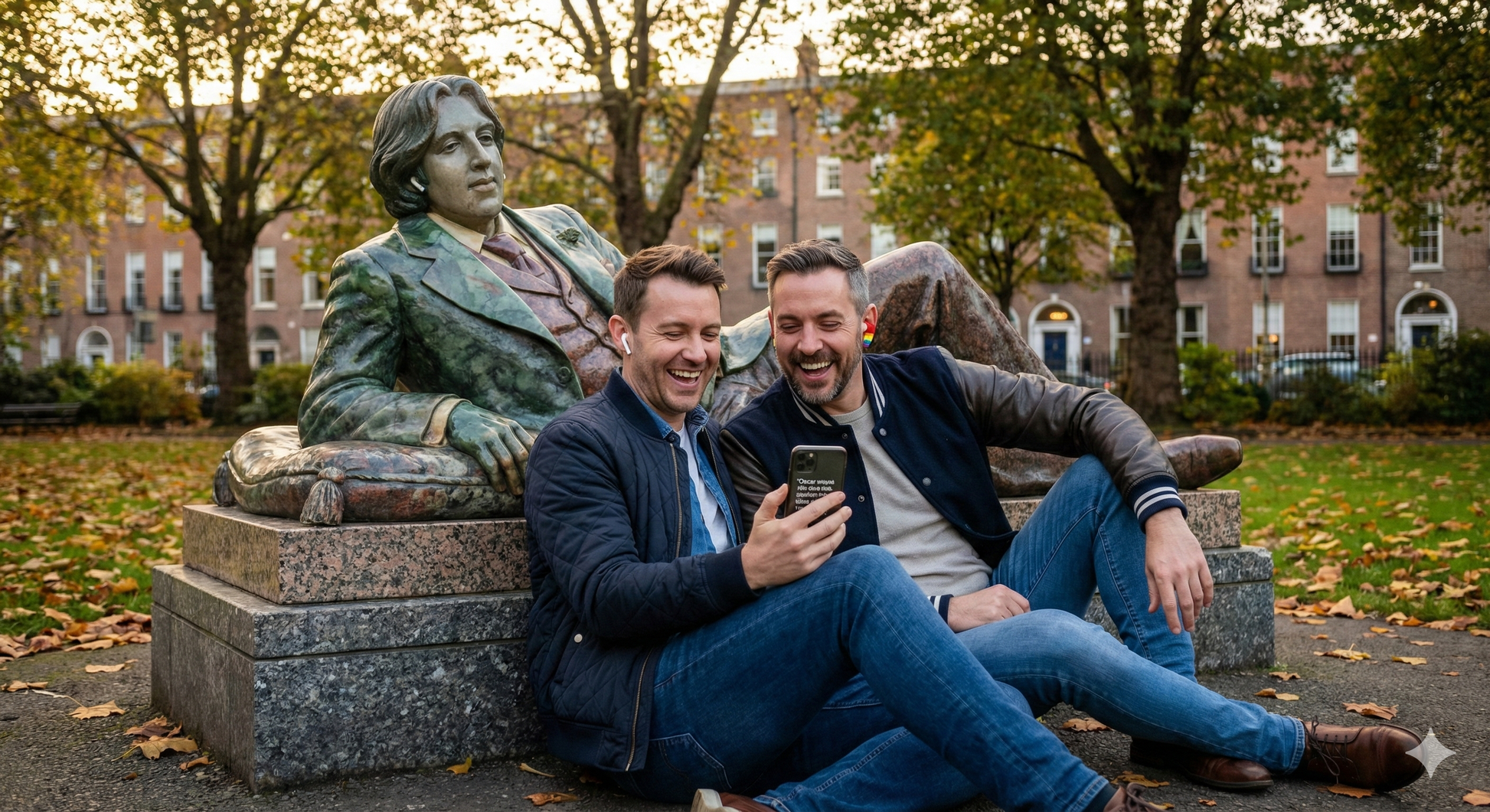 Audio tour image of the Oscar Wilde monument in Dublin, featuring a statue and park setting, from Uvamai Niche Tourism.
