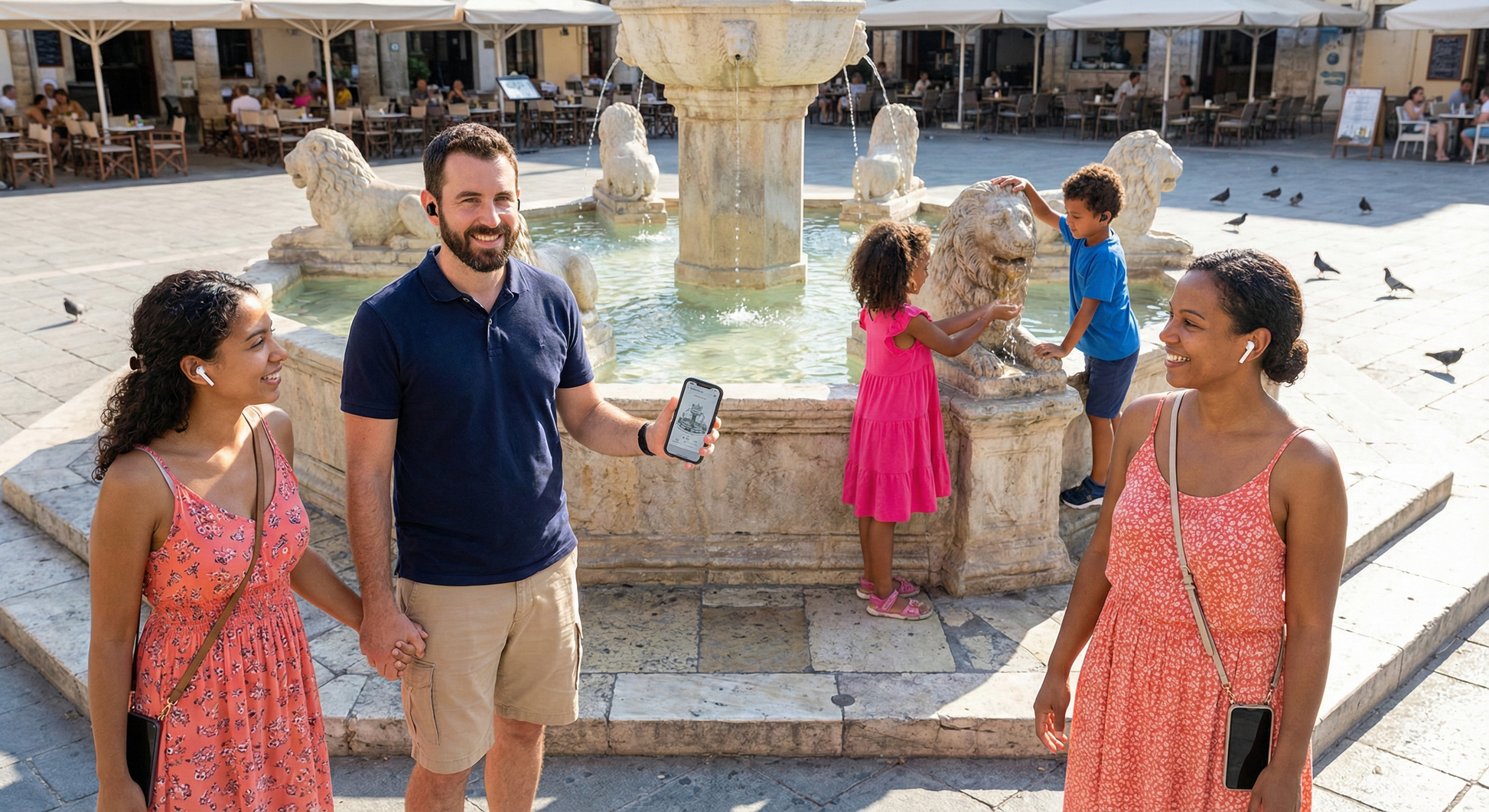 Children and parents exploring Morosinifountain during the Heraklion self-guided audio tour by Uvamai Niche Tourism