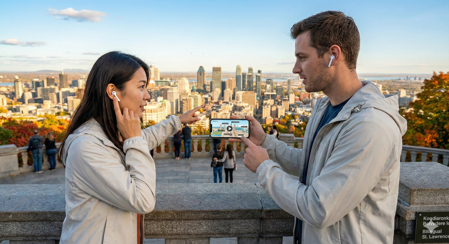 Self-guided audio tour of Montreal by Uvamai Niche Tourism, featuring Mount Royal Park lookout summit view.