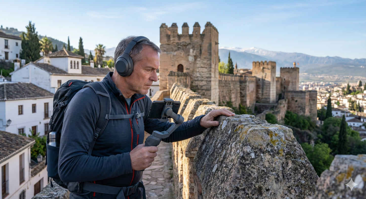 Audio tour device displaying the Murallas del Albaizín, part of the Granada self-guided audio tour by Uvamai Niche Tourism.