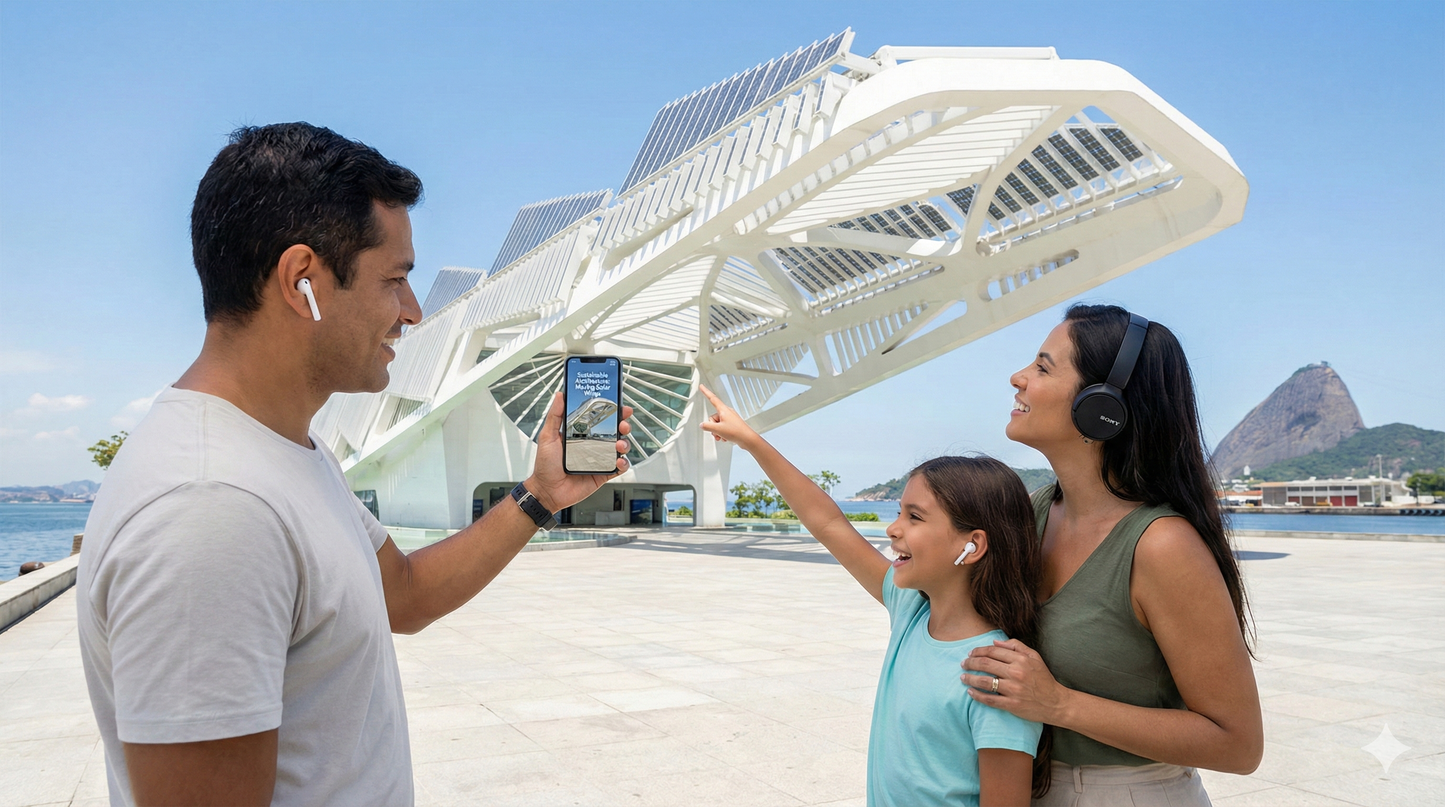 Self-guided audio tour of Rio de Janeiro by Uvamai Niche Tourism, showing a smartphone with tour app interface and scenic city views.