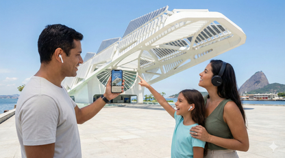 Self-guided audio tour of Rio de Janeiro by Uvamai Niche Tourism, showing a smartphone with tour app interface and scenic city views.