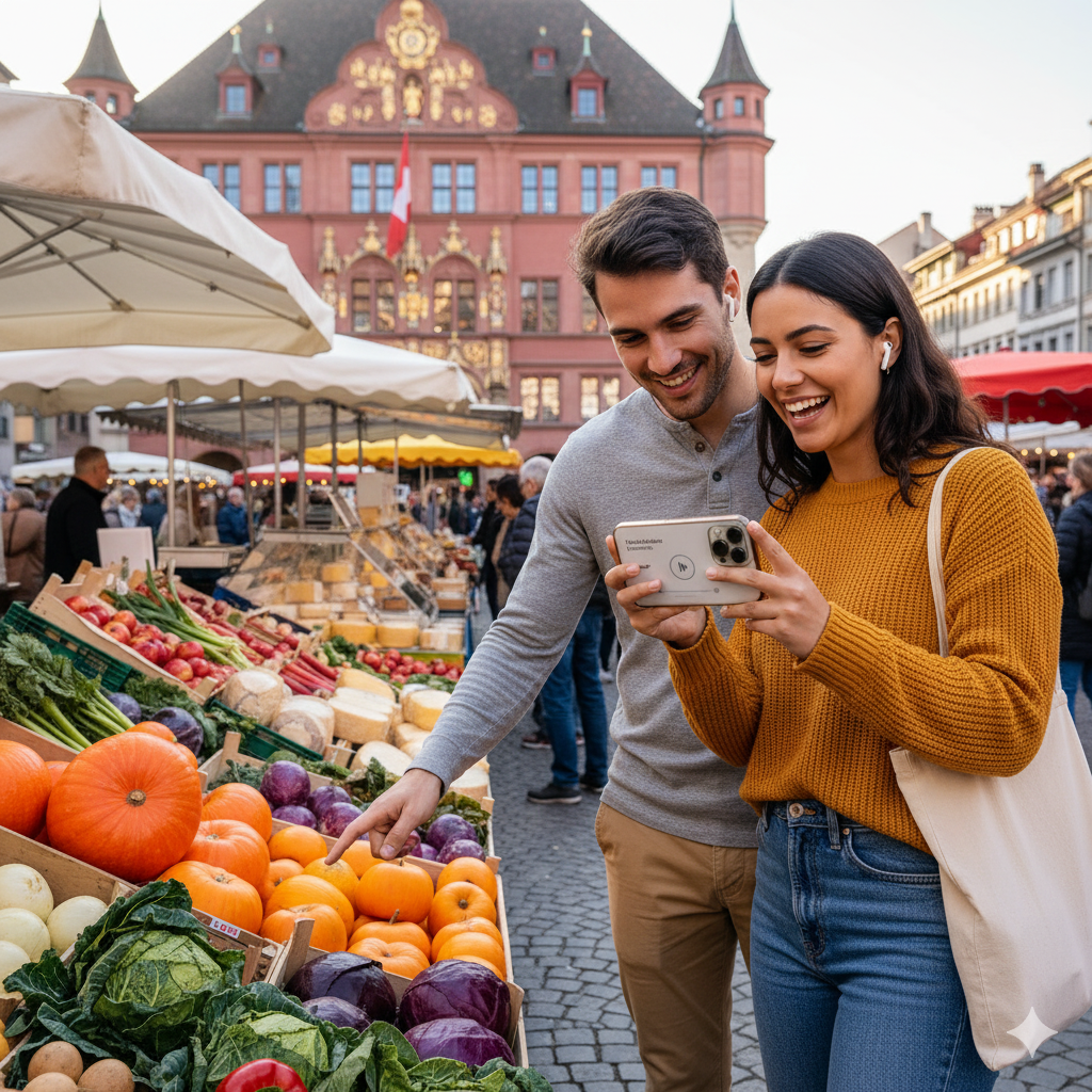 Self-guided audio tour of Basel's Marktplatz by Uvamai Niche Tourism, featuring historic city square and vibrant marketplace.