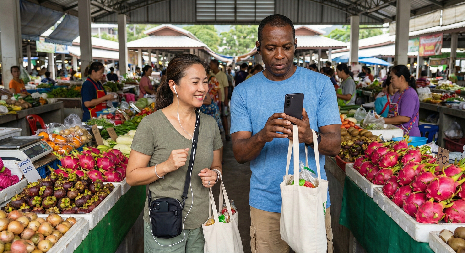 Audio tour device for Phuket's Nakamarket, part of Uvamai Niche Tourism's self-guided audio tours, showing a portable audio guide.