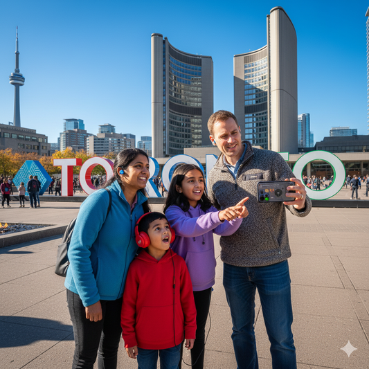 Self-guided audio tour of Nathan Phillips Square in Toronto by Uvamai Niche Tourism, featuring city landmarks and skyline views.